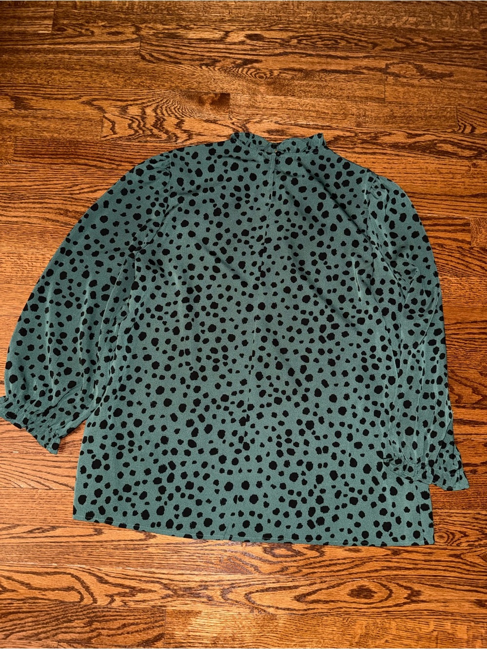 Amazon Teal Green Black Polka Dot Ruffle Neck Blouse - Picture 2 of 2